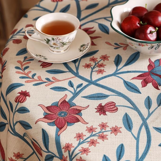 Designer Linen Floral Small Round Tablecloth, Vintage William Morris Wrinkle - Image 4