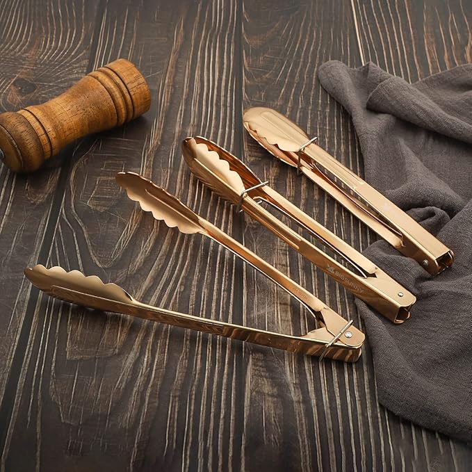 Serving Tongs, 9-Inch Gold-Plated Aluminum, Set of 3