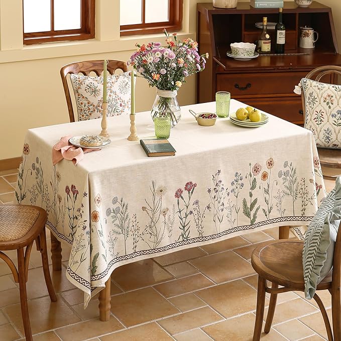 ISAENNE Designer Off White Linen Extra Long Rectangle Tablecloth, Floral - Image 9