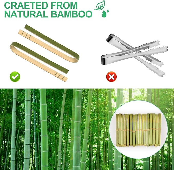 Disposable Mini Bamboo Tongs, 200 Pack, 4 Inch Natural Wood
