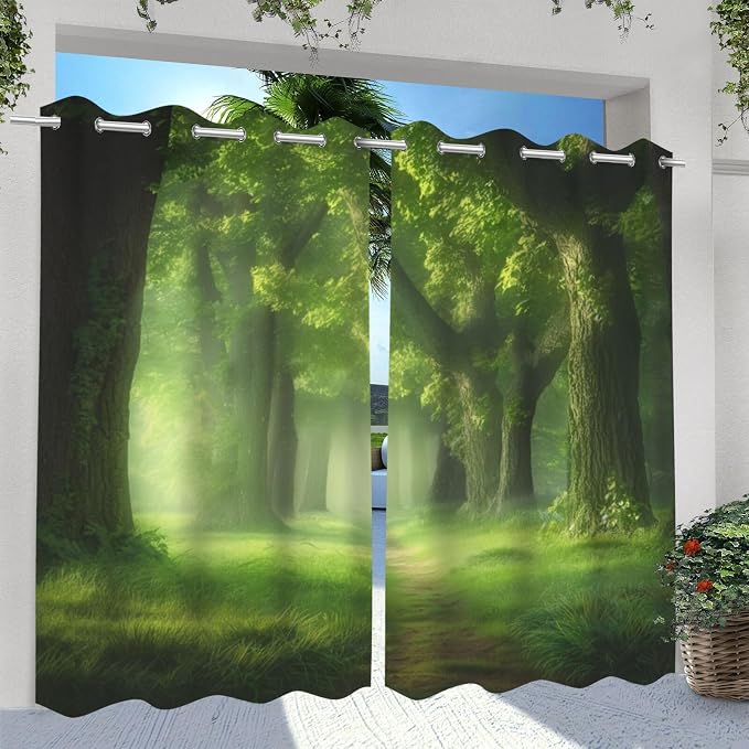 Forest Theme Outdoor Curtains for Patio Waterproof, Dawn Trees Jungle Pattern - Image 2