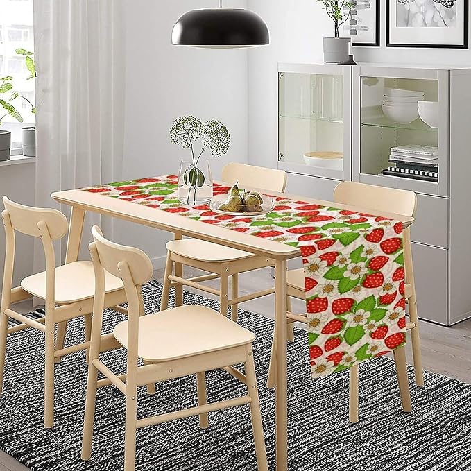 Spring Strawberry Table Runner, Floral Strawberries Flowers Leaf Season - Image 2