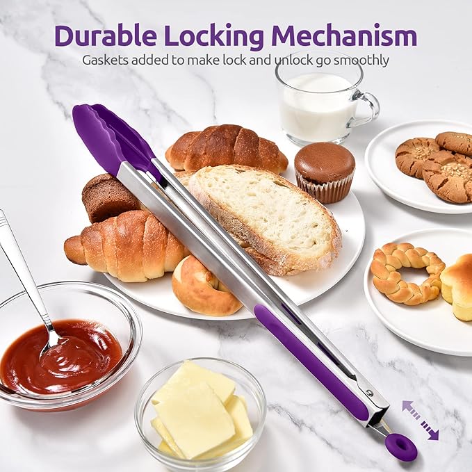Kitchen Tongs 16-Inch with Silicone Tips, 600°F Heat Resistant, Purple