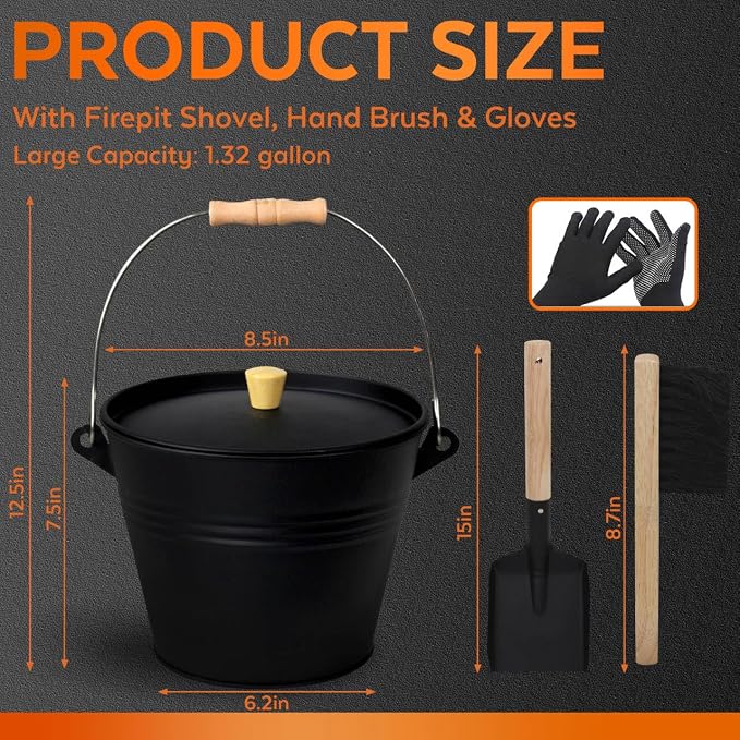 Small Ash Bucket with Lid and Shovel, Metal Fireplace Ash Bucket with Broom - Image 2
