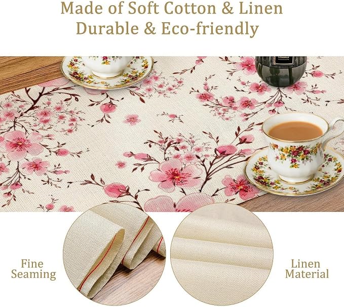 Cherry Flower Table Runner, Seasonal Spring Cherry Blossoms Branches Watercolor - Image 6