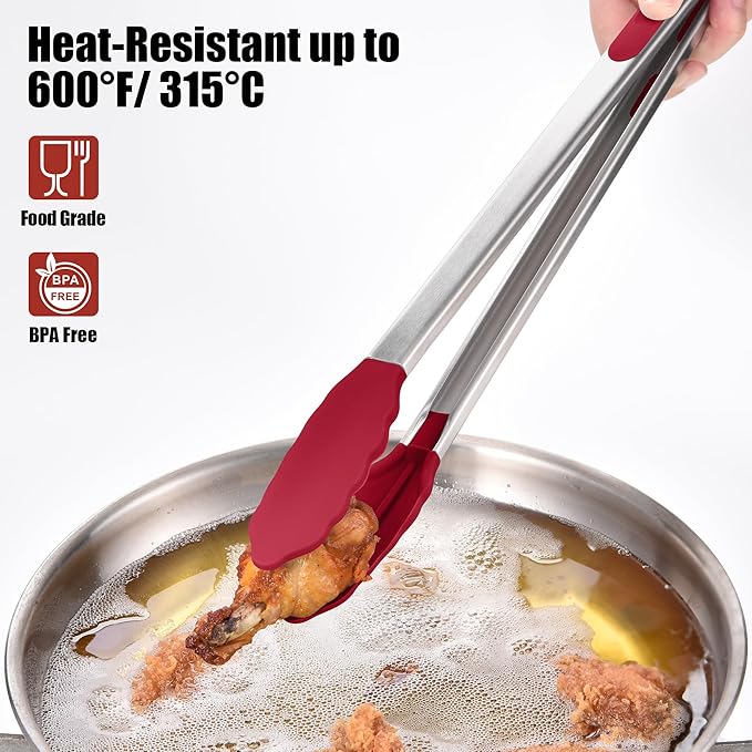 Stainless Steel Cooking Tongs, 17.2-Inch Red, 600°F Heat-Resistant Tips