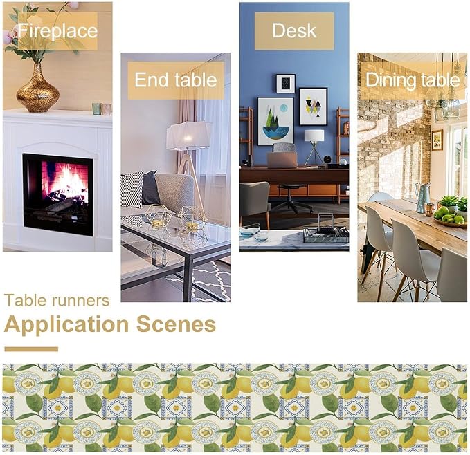 Tiles Lemon Table Runner, Watercolor Italian Tile Floral Plant Print Table - Image 5
