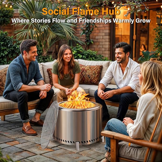 HGD 20" Smokeless Firepit with Stand & Grill Rack, Stainless Steel Wood Burning - Image 5