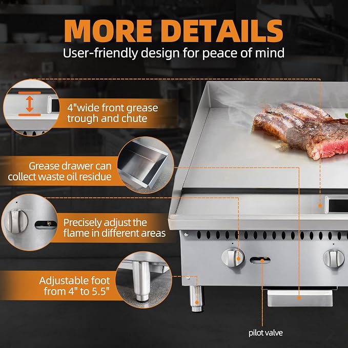 12" Commercial Countertop Griddle, Single Burners Gas Griddle, 30000 BTU Output - Image 3