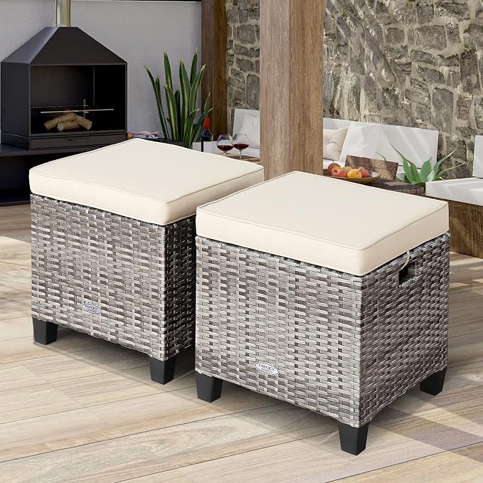 Tangkula 2 Pieces Patio Rattan Ottomans, Outdoor Wicker Footstool Footrest Seat - Image 2