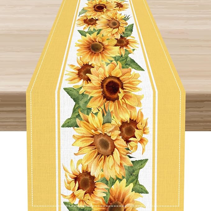Yellow Sunflower Table Runner, Rustic Farmhouse Summer Sunshine Boho Floral Bee by Unknown