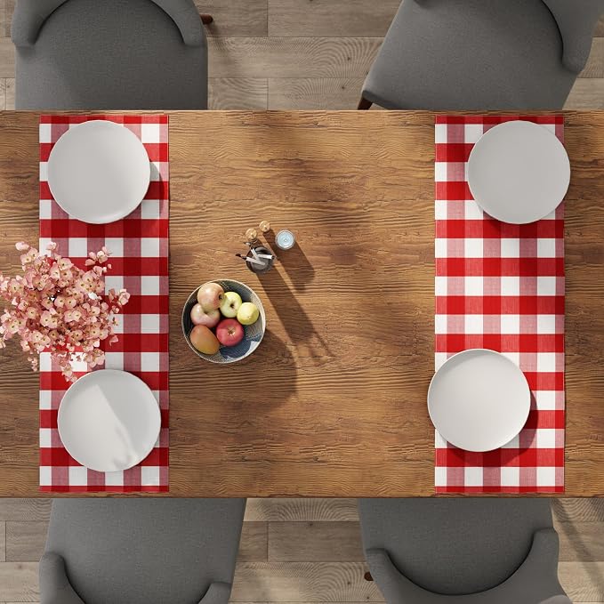 Encasa XO Cotton Dining Table Runner | Buffalo Red Checks | Size 13x36 in - Image 5