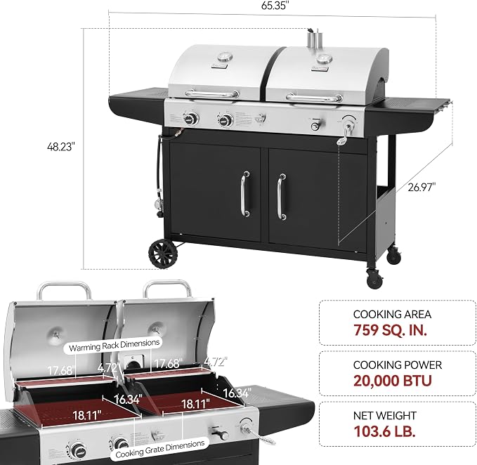 Royal Gourmet ZH3002N Propane Gas and Charcoal Grill Combo, Dual Fuel BBQ Grill - Image 3