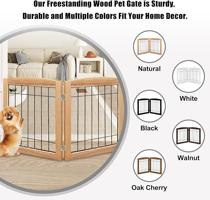 LZRS 2-Panel Freestanding Foldable Wood Dog Gate – Solid Wood & Steel Wire - Image 4