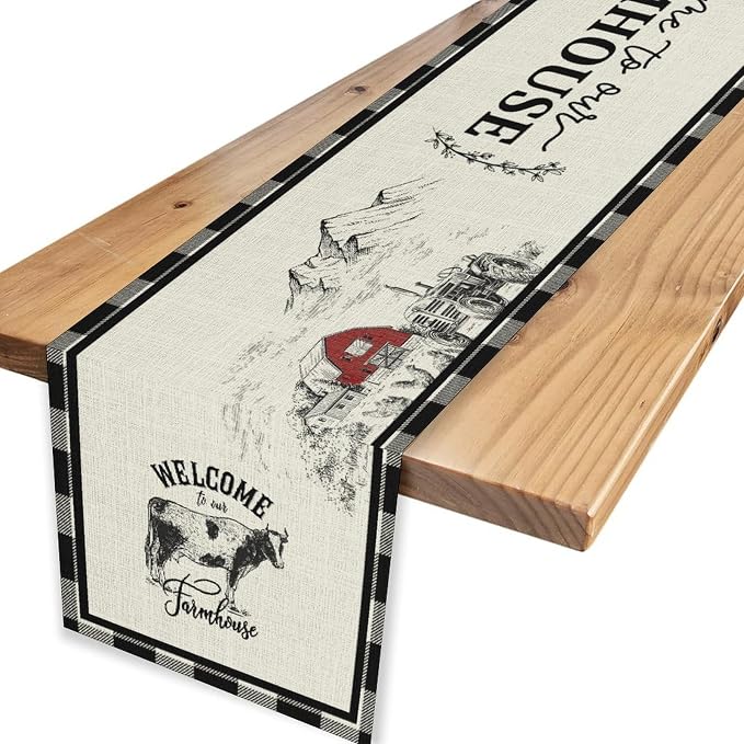 Farmhouse Table Runner, Rustic Country Barn Cottage Rooster Cow Check Animal - Image 4
