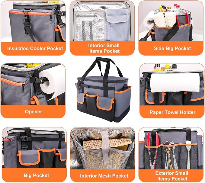Large BBQ Grill Caddy with Paper Towel Holder, Foldable Insulated Picnic - Image 4