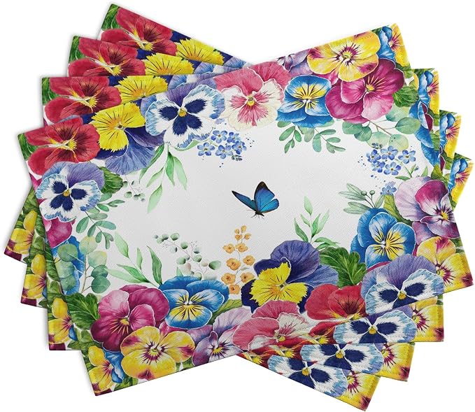 Watercolor Flowers Placemats Set of 4 Spring Summer Floral Butterfly Linen - Image 2