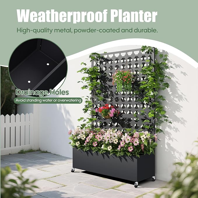 Metal Planter Box with Trellis Privacy Screen, Raised Garden Bed with Dots - Image 2