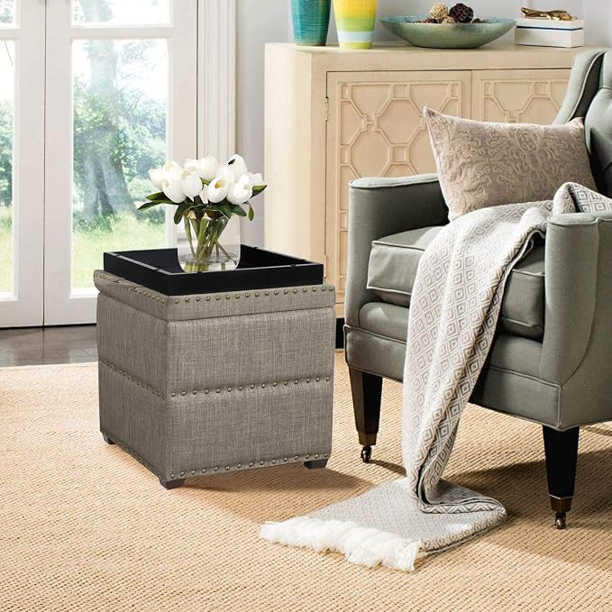Adeco 18 Inch High Cube Ottoman Storage, Linen Grey Chair Foot Stools - Image 2