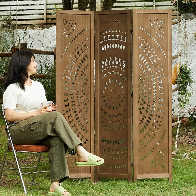 Room Divider Wood Carved Wall Divider Indoor Folding Bohemian Style Portable - Image 7
