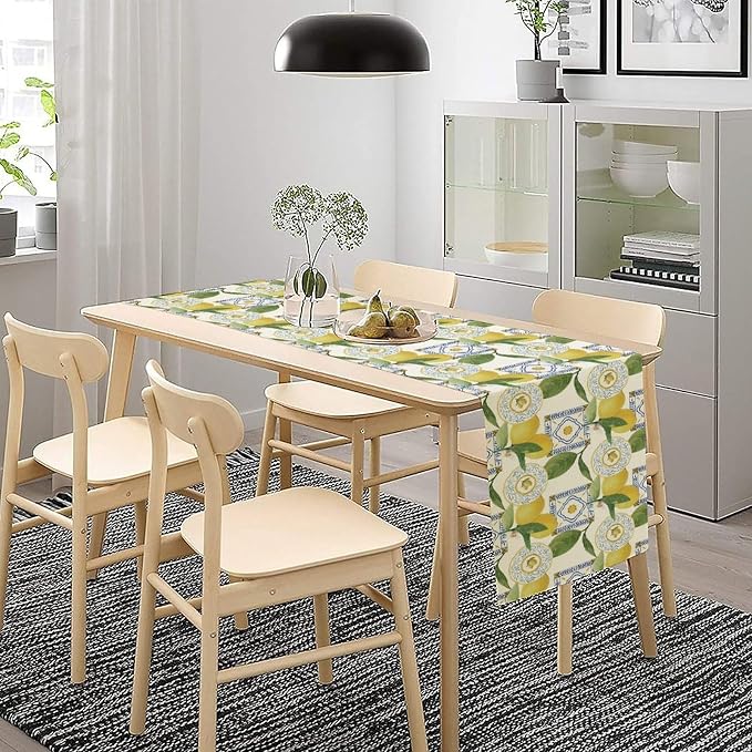 Tiles Lemon Table Runner, Watercolor Italian Tile Floral Plant Print Table - Image 2