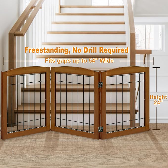 LZRS 3-Panel Freestanding Foldable Wooden Dog Gate –Solid Wood & Steel Wire - Image 2