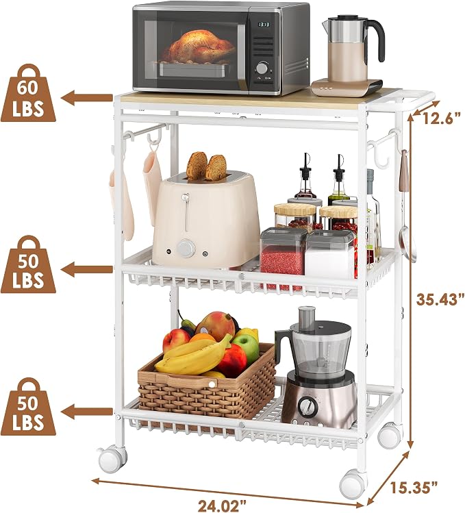 Microwave Kitchen Cart with 2 Lockable Wheels, 3 Tier Rolling Cart with 160Lbs - Image 4