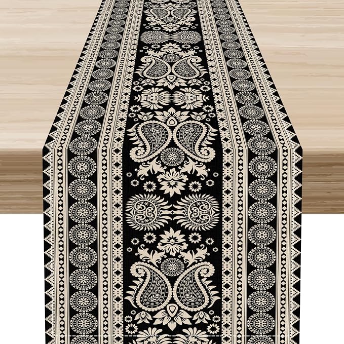 Black Paisley Table Runner, Rustic Damask Antique Floral Flower Retro Boho by Unknown