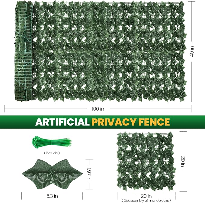 KASZOO Artificial Ivy Privacy Fence Screen, 100x40 in, 10 Pack, Plastic & - Image 2