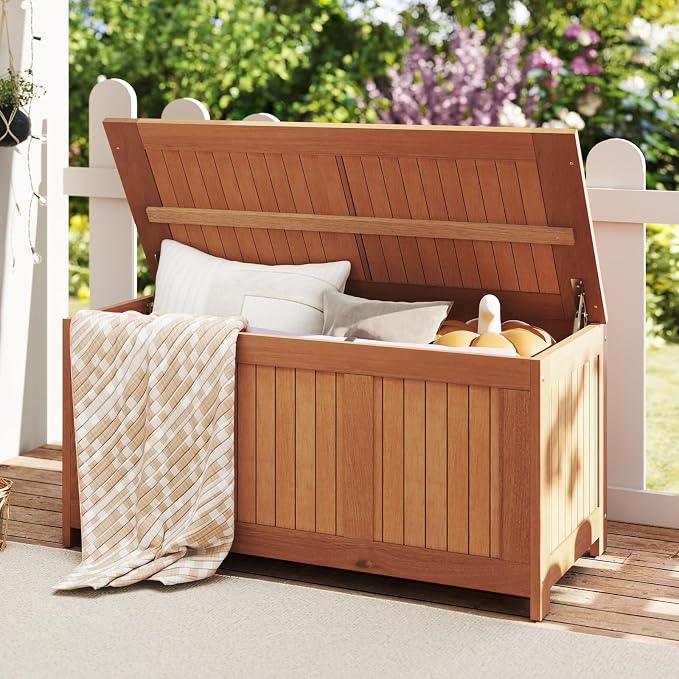 Tangkula 58 Gallon Wood Outdoor Storage Box, 3-in-1 Patio Storage Bench - Image 2