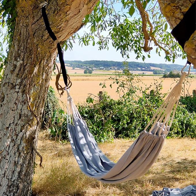 Hammock in Grey Cotton with Anti-Rollover Design, 106 x 59 Inch
