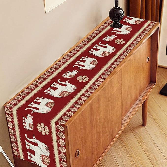 African Tribe Table Runner, Boho Red Elephants Tribal Traditional Diwali India - Image 3
