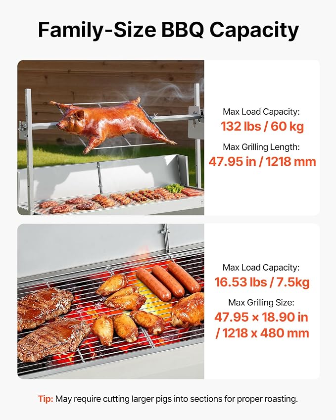 VEVOR Rotisserie Grill, 46in BBQ Outdoor Pig & Lamb Spit Roaster, Charcoal Spit - Image 3