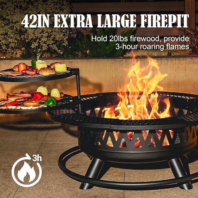 42 Inch Fire Pit with 2 Grills, Large Outdoor Firepits - Image 2