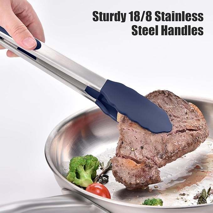 Locking Stainless Steel Tongs with Silicone Tips, Navy Blue
