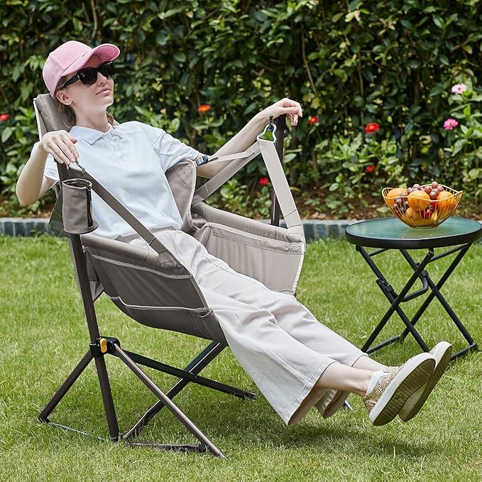 Folding Hammock Chair in Tan with Steel Frame and Carry Bag