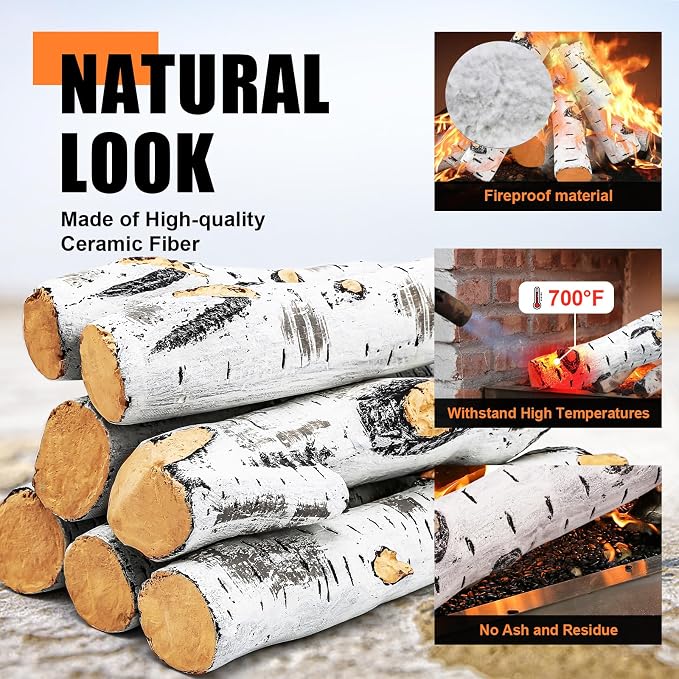 Gas Fireplace Logs, Birch Logs 7pcs Fake Fireplace Insert, Faux Ceramic White - Image 3