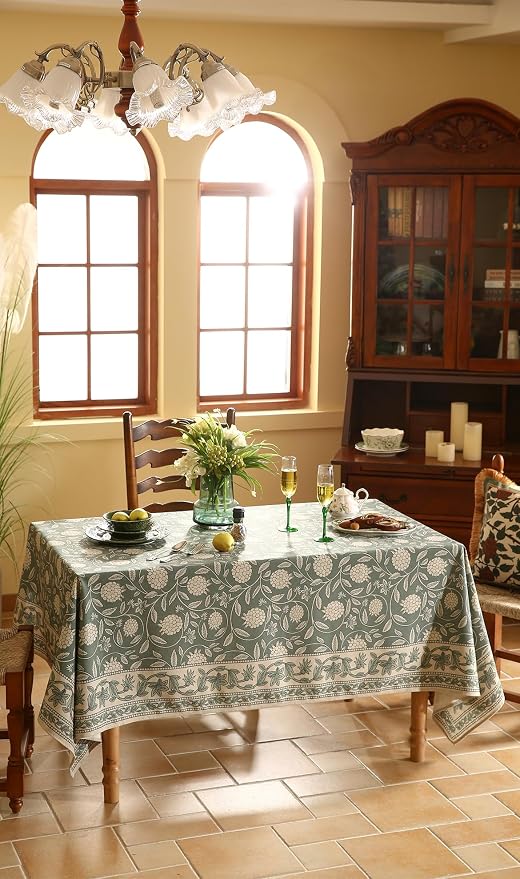 ISAENNE Designer Grayish Green Linen Extra Long Tablecloth Rectangle, Floral - Image 9