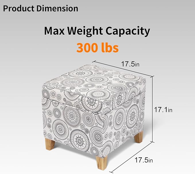 Adeco 17" Square Ottoman with Storage, Small Mandala-Persian Flower Pattern - Image 2