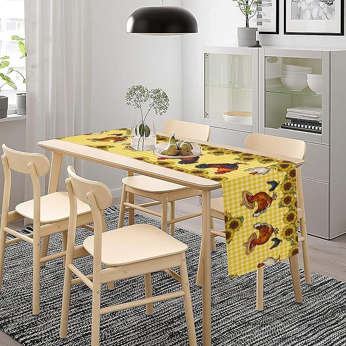 Farm Rooster Table Runner, Retro Western Farmhouse Chicken Sunflower Retro - Image 3