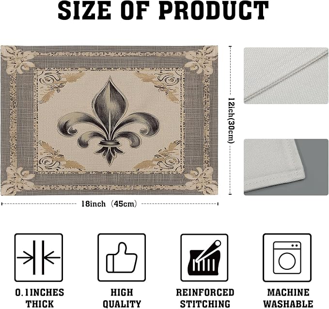 Giwawa Fleur De Lis Placemats Set of 4 Vintage Mardi Gras Washable Place Mat - Image 4