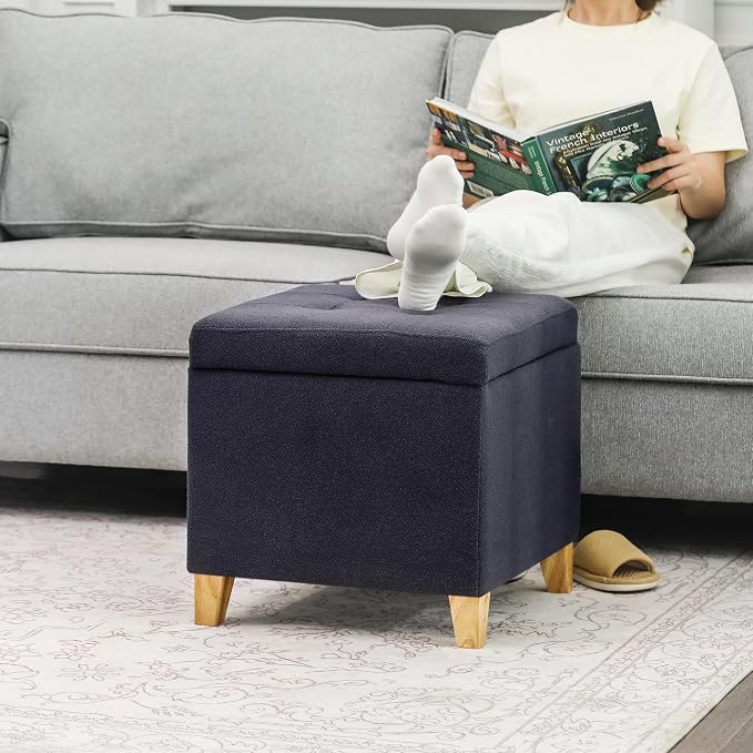 Homebeez Tufted Grainy Linen Fabric Storage Ottoman Square Cube Foot Rest Stool - Image 4