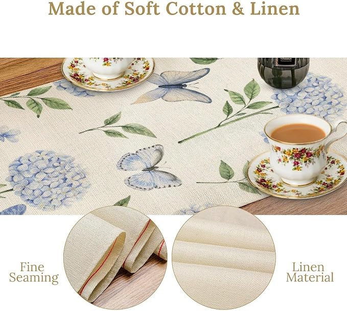 Hydrangea Butterfly Table Runner, Seasonal Spring Summer Table Runner - Image 4
