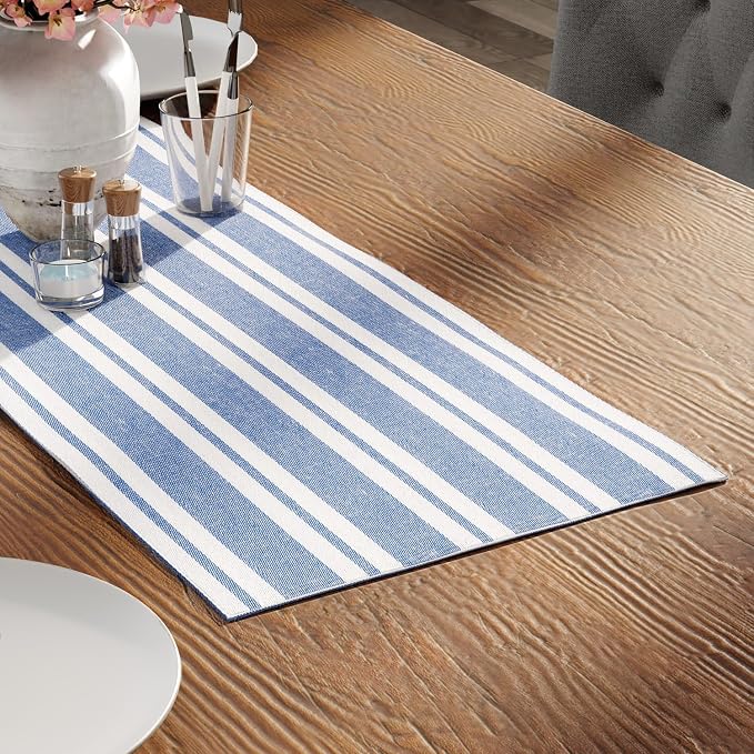 Encasa XO Cotton Dining Table Runner | Franca Blue Stripes | Size 13x36 in - Image 2