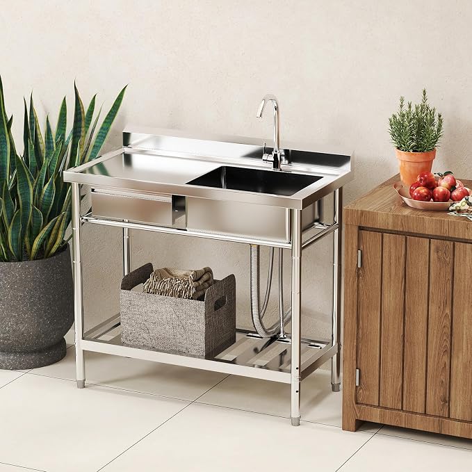 Stainless Steel Utility Sink, Cold and Hot Water Pipe, Indoor and Outdoor - Image 8