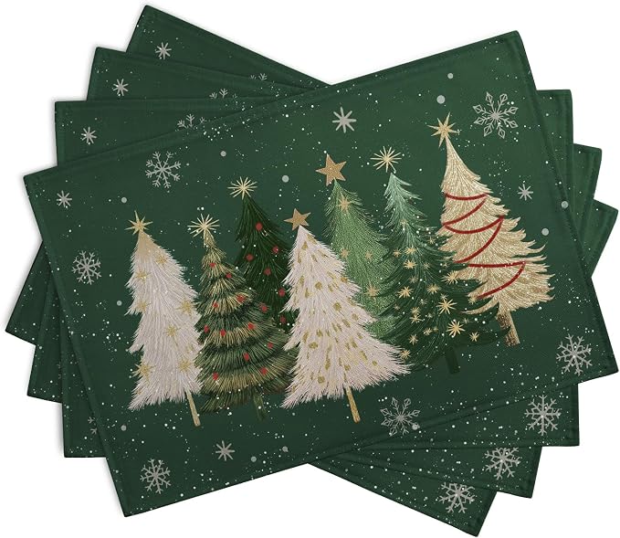 Green Christmas Tree Placemats Set of 4, 12x18 Inch Xmas Trees Snowflakes - Image 2