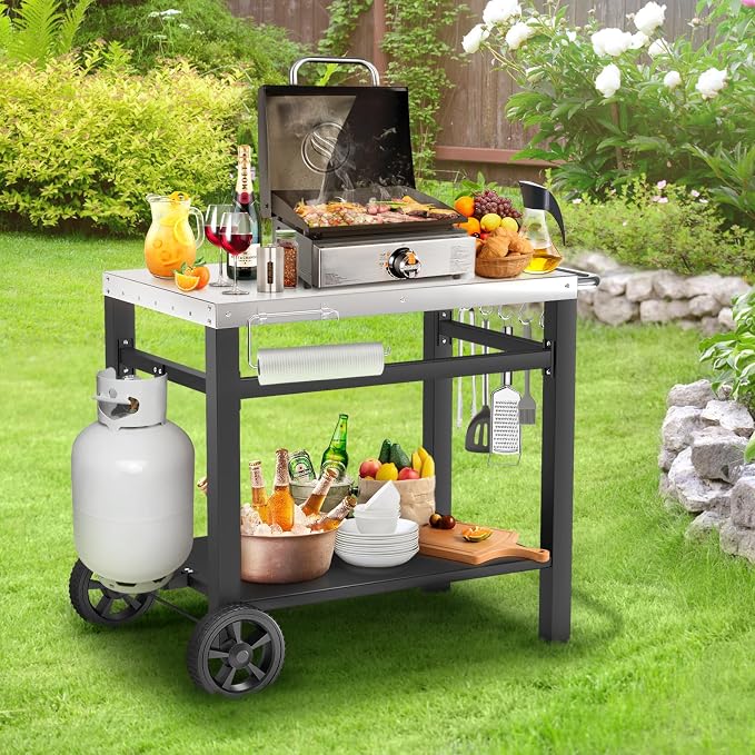 Grill Table, Movable Dining Cart, Pizza Oven Table Stand, Double-Shelf Grill - Image 2