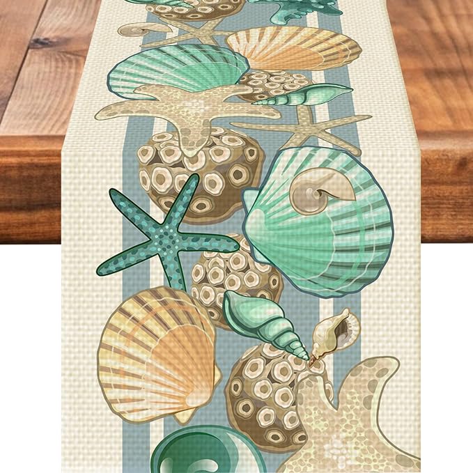 Sea Shell Table Runner Seasonal Spring Fall Kitchen Dining Linen Table by Worltoldb