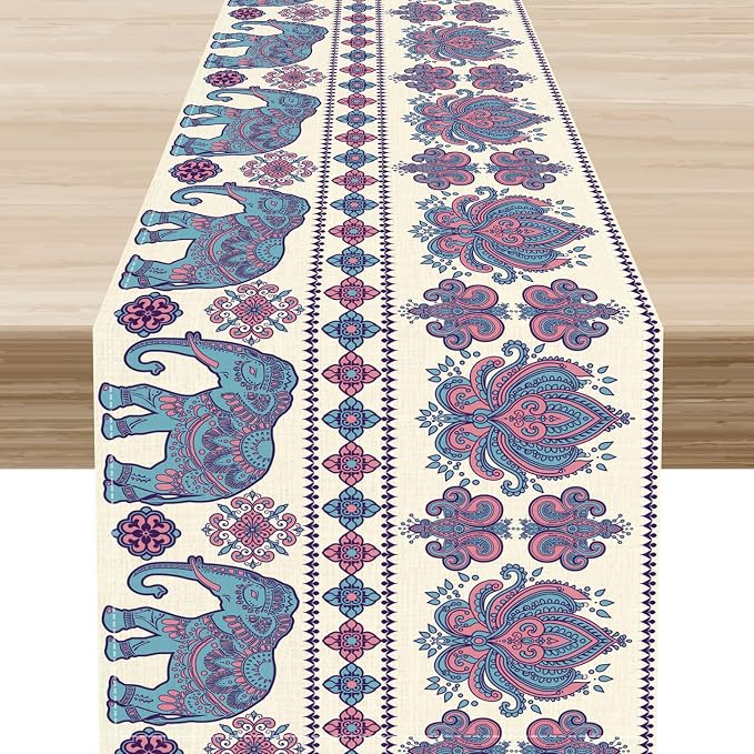 Boho Elephant Table Runner, Rustic African Tribe Animal Damask Diwali India by Unknown