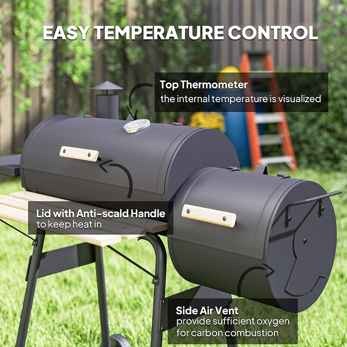 Outsunny 48" Portable Barrel Charcoal BBQ Grill, Steel Outdoor Barbecue Smoker - Image 5